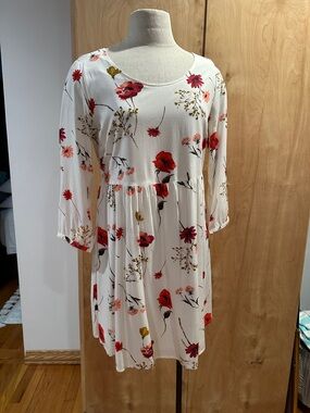 Old Navy White Floral Babydoll Dress with Red & Pink Flowers